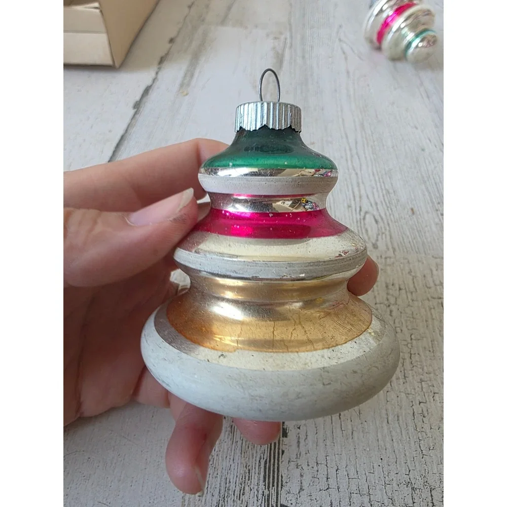 Vintage shiny Brite tree glass ornament striped Xmas copper orange red green